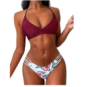 Zaful Burgundy Top & Floral Print Bottom Bikini